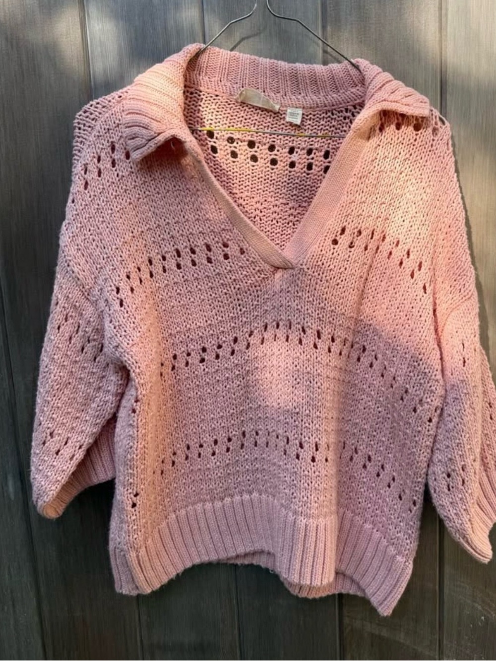 Relaxed V-Neck Open-Knit Sweater in Dusty Pink